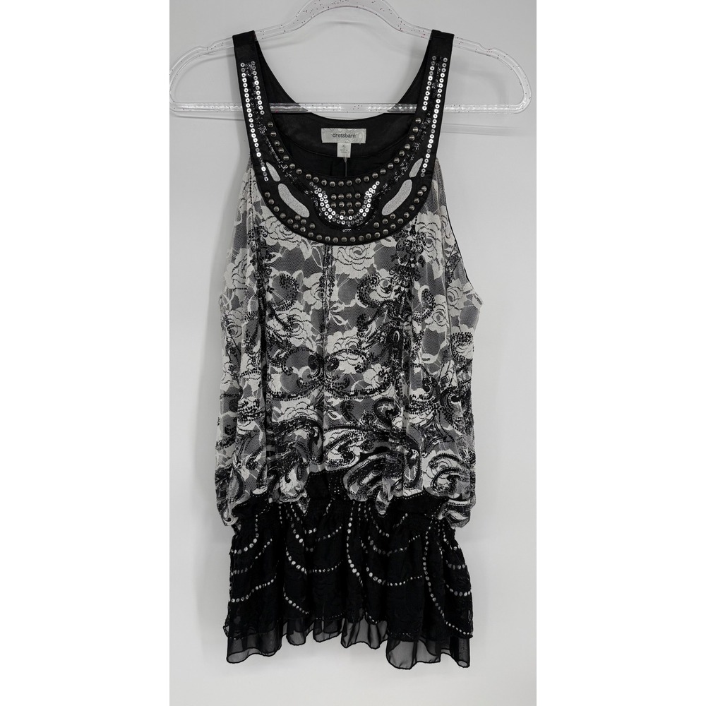 Dressbarn Womens Sz XL Black White Floral Lace Embellished Sequin Studded Tank